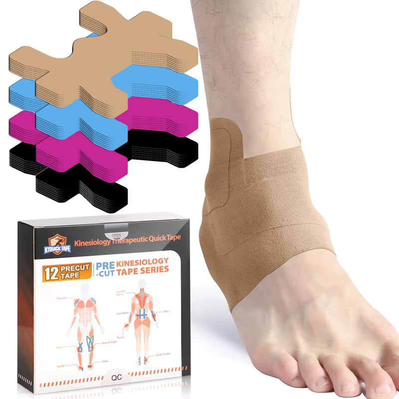 [Australia] - Kinesiology Tape for Ankle, KTQUICK 12 Count Ankle Tape Precut, Original Cotton Waterproof & Breathable, Enhance Elastic Kinesiology Athletic Tape for Ankle Support and Muscle to More Sports (Beige) Beige 