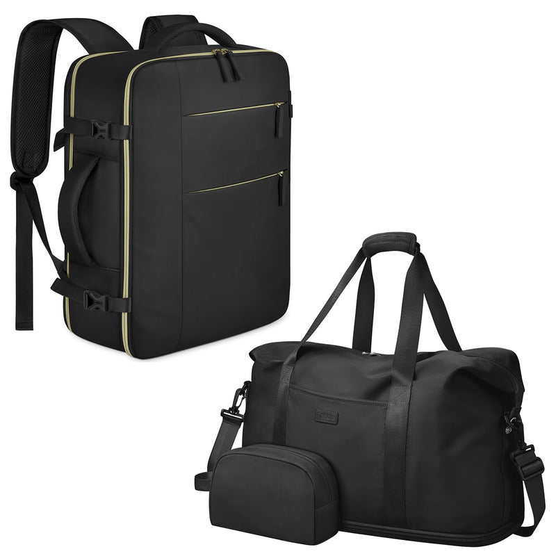 29L Expandable Travel bag with Toiletry Bag(20 inch)+Matching 25L Black Travel Backpack (17 inch)