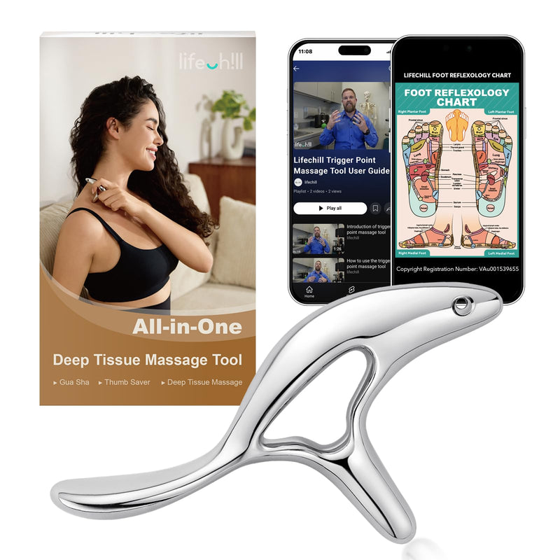 [Australia] - lifechill Trigger Point Massage Tool for Deep Tissue Massage & Gua Sha, Muscle Scraper Tool for Full Body Pain Relief, Thumb Saver Acupressure Tool, FSA HSA Eligible Silver 