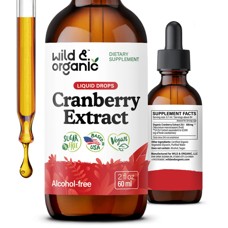 Wild & Organic Cranberry Supplement Drops - Urinary Tract Support - 2 oz | Antioxidant Source - Urinary Tract Support for Women & Men - Cranberry Extract Liquid Supplement - Alcohol-Free Tincture 2 Fl Oz (Pack of 1)