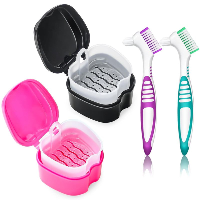 [Australia] - 2 Pack Colors Denture Bath Case Cup Retainer Cleaner Holder Case False Teeth Soaking Container Dental Bath Storage Box Case with Strainer Basket and Brush - Rose Red & Black 