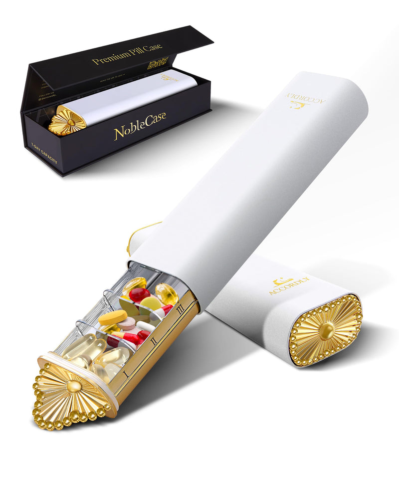 7 Day Metal Pill Organizer, Luxury Pill Compact, Travel Pill Case for Purse, Elegant Fancy Gold Pill Case for Vitamins, Medicine, Supplements, Luxury Wellness Gift - White Cloud Dancer (White)