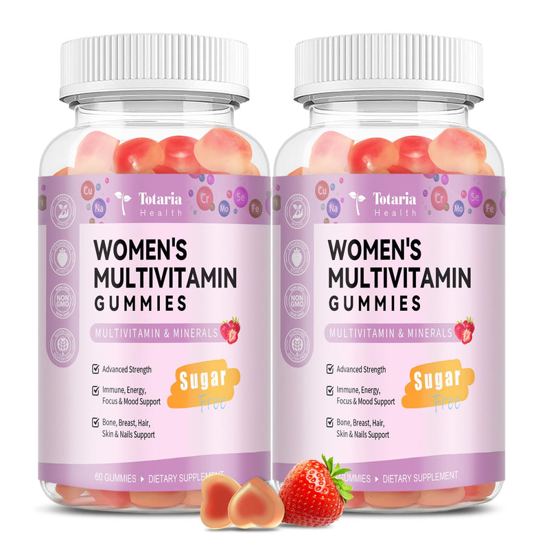 Totaria Sugar Free Multivitamin Gummies for Women 14+ w/Inositol, Iron, Folate, Biotin, Womens Daily Multivitamin Gummy w/Vitamin A, D, C, B, Support Hair, Skin, Energy, Immune, Strawberry Flavor 60 Count (Pack of 2)