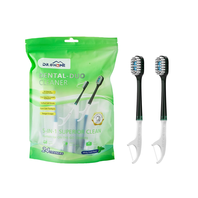 Disposable Travel Toothbrush on The go, Oral Care Set, Prepasted Mini Toothbrush 5 in 1 (Mint Paste+ Soft Bristles+Flosser+Pick+Tongue Scraper) | Individually Wrapped 24 Count - 1 Pack