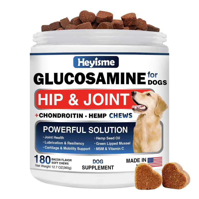 Glucosamine for Dogs, 180 Chews Hip and Joint Supplement for Dogs, Glucosamine Chondroitin, MSM Hemp Dog Joint Pain Relief, Dog Joint Supplement Health Mobility Support (180 Chews, Bacon) - PawsPlanet Australia