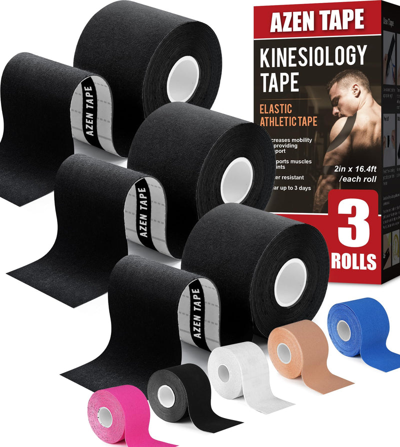 [Australia] - AZEN 3 Rolls Kinesiology Tape, 16.4 ft Waterproof Kinetic Tape for Joints Support and Muscle Pain Relief, Uncut Muscle Tape, Knee Tape, Athletic Tape - Black 