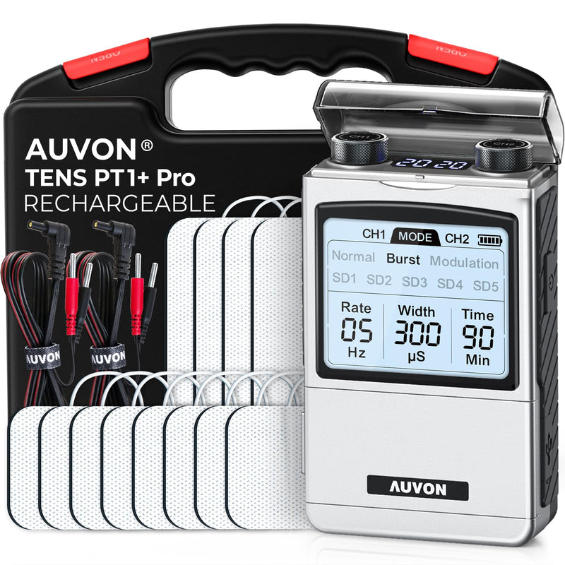 AUVON Rechargeable Digital TENS Unit Muscle Stimulator, Customizable 8-Mode | TENS Machine with 40 Levels for Gradual Neck, Shoulder, Back Pain Relief, 600 mAh Battery Life, 12 Electrodes, A Carry Case