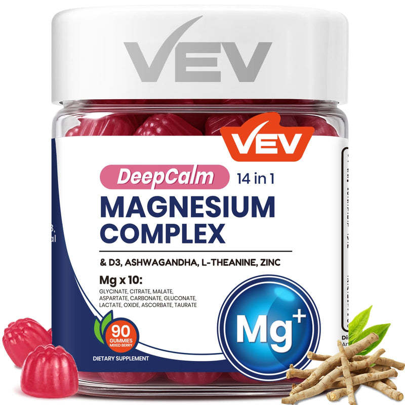 [Australia] - VEV Magnesium Complex DeepCalm 14-in-1 Gummies ‚Äì with Ashwagandha, L-Theanine, D3 & Zinc ‚Äì Cortisol Supplements for Women ‚Äì 90 Sugar-Free Vegan Magnesium Glycinate Complex Gummies Purple 