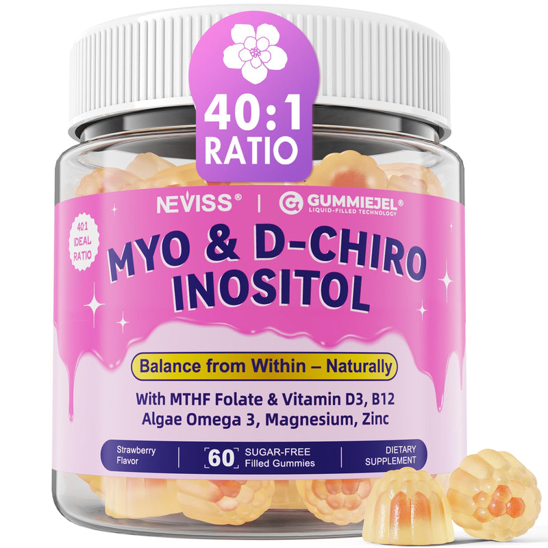 Myo-Inositol & D-Chiro Inositol Gummies for Women, Ideal 40:1 Ratio, 60 Cts | Female Health Support with Myo 2000mg, D Chiro 50mg, Omega 3, Folate, Vitamin D3, B12, Magnesium & Zinc, Vegan, Sugar Free 60 Count (Pack of 1)
