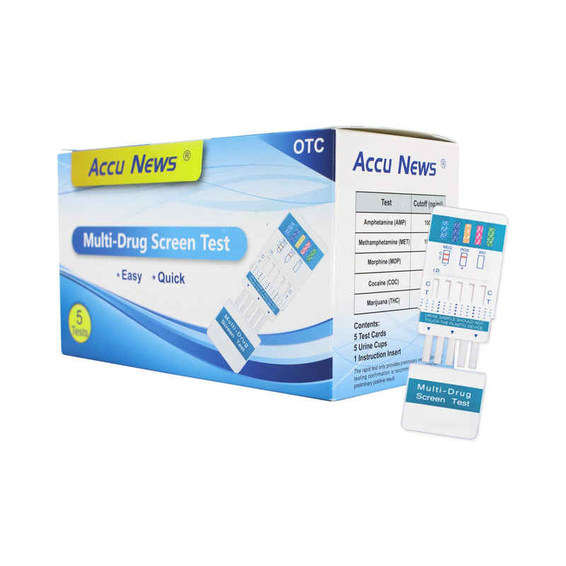 5-Pack Multi-Panel Drug Screening Urine Analysis Cards with Sample Collection Cups – 5 Parameter Panel (AMP, MET, MOP, COC, THC)