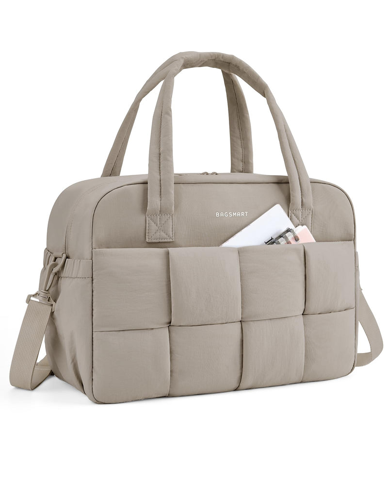 BAGSMART Gym Bag for Women, Personal Item Puffer Duffle Bag, Weekender Overnight Carry On Tote Handag for Travel Camel