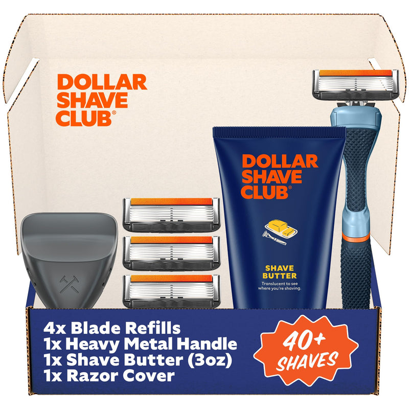 [Australia] - Dollar Shave Club | The Member Exclusive Shave Set | 4 Extra Close Refill Cartridges, 1 Handle (Blue), 1 Shave Butter 3 ounce, 1 Razor Cover, Razors for Men 1 Count (Pack of 1) Blue 