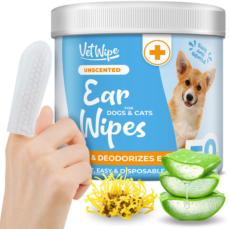 Dog Ear Cleaner Wipes - Finger Ear Wipes for Dogs & Cats with Otic Cleaning Solution, Sooths and Deodorizes. Pet Ear Relief - 50 Count, White - PawsPlanet Australia