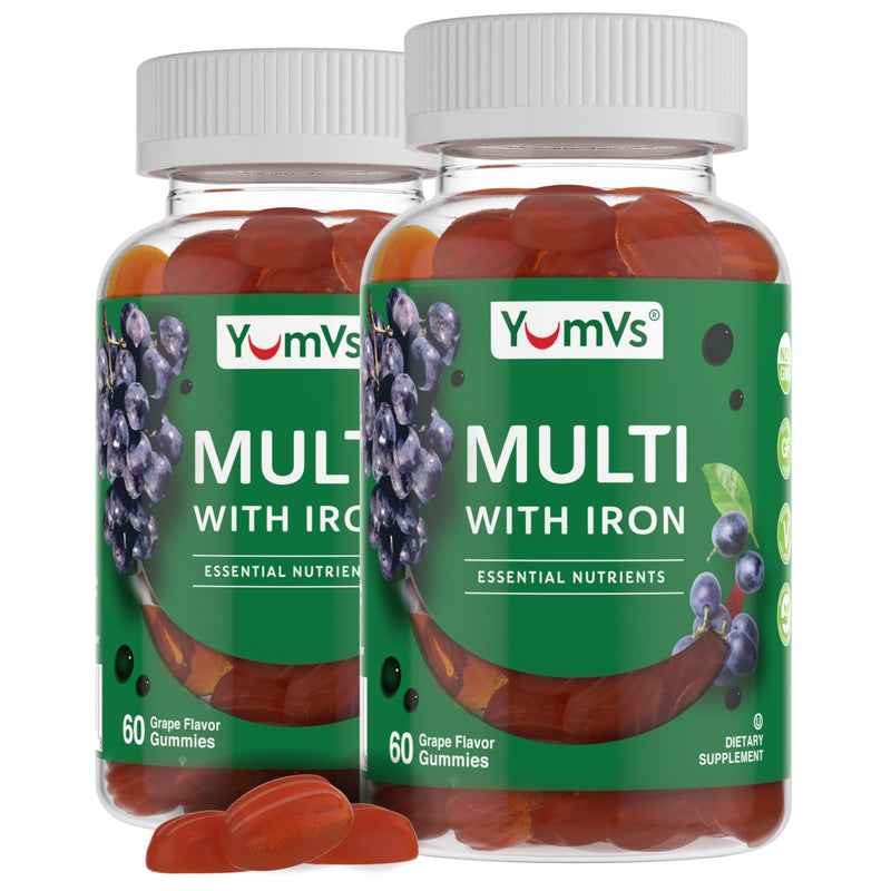 YUM-V'S Iron Gummies - Multivitamin Iron Supplement with Vitamin C, A, B & Zinc, Supports Blood Oxygen, Vegan Supplements for Women, Men & Kids for Growth and Development - Grape Flavor | 2-Pack 60 Count (Pack of 2)
