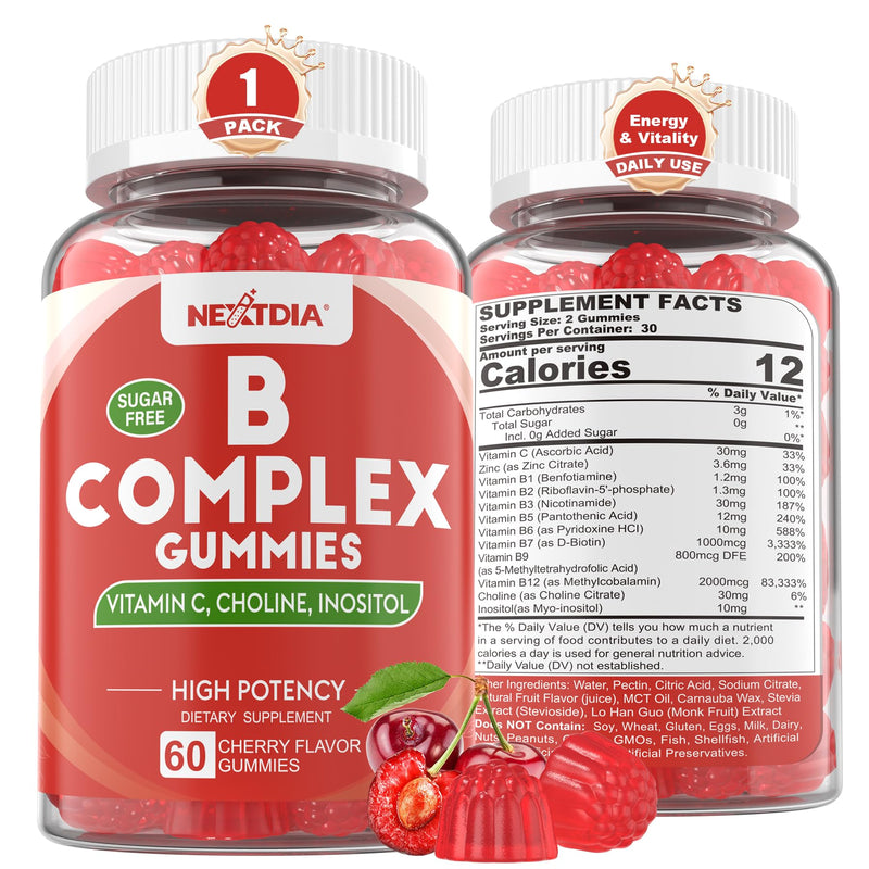 Methylated Vitamin B Complex Gummies B12 Folate Biotin +Vitamin C Zinc 60Ct | Methyl B12 & Active Folate, Full B Complex + Biotin Choline Inositol, Vitamin C + Zinc, Energy Mood Immune Hair Skin & Brain 60 Count (Pack of 1)