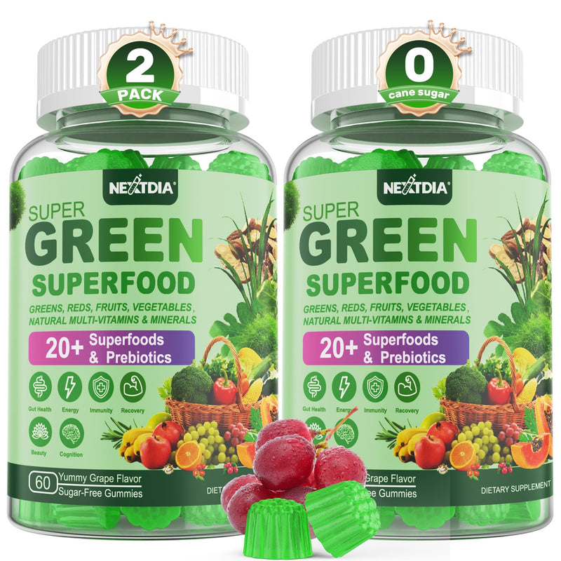 [Australia] - Super Greens Gummies, Greens Superfood Powder Alternative w/Spirulina, Chlorella, Prebiotic Fiber, Probiotic, Fruit Veggie, Daily Fruit Vegetable for Digestive & Gut Health, Immunity, Focus, 120 Cts 60 Count (Pack of 2) 