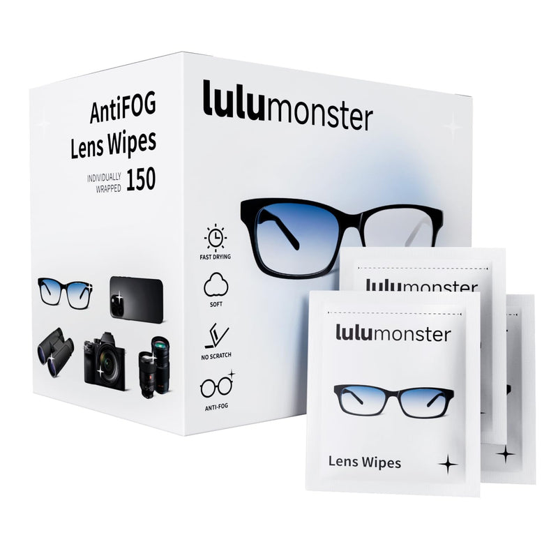 [Australia] - Anti Fog Lens Wipes for Eyeglasses Lulumonster, [150 Pre-Moistened Individually Wrapped Wipes] [Non-Scratching & Non-Streaking] Cleaner Wipes for Glasses, Sunglass, Phone Screen Camera Lens, Goggles Antifog-white 150 Count 