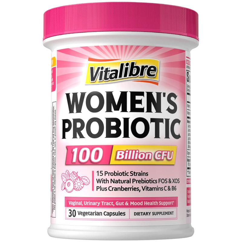 Vitalibre Probiotics for Women 100 Billion CFU 15 Strains, Daily Probiotic | 30 Vegan Capsules, Prebiotic Supplement with Organic Cranberry to Support Vaginal, Digestive, Immune Health, Shelf Stable 30 Count (Pack of 1)