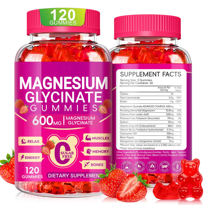 Magnesium Glycinate Gummies 600mg, Chewable Sugar Free Magnesium Gummies | High Absorption Magnesium Glycinate, Vitamin D, B6, and CoQ10 for Zzz, Relaxation, Brain and Muscle, 60 Days Supply Strawberry 120 Count (Pack of 1)