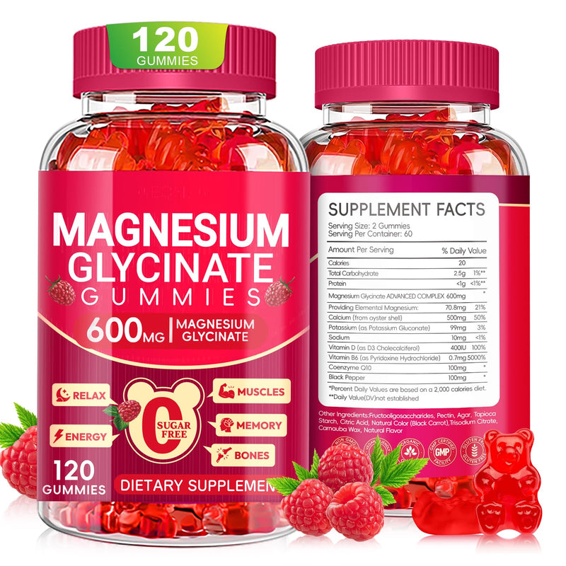 Magnesium Glycinate Gummies 600mg, Sugar Free Magnesium Gummies for Adults | High Absorption Magnesium Supplement, Chewable Potassium Supplements for Body Support, Zzz and Relaxation, 120 Count Raspberry 120 Count (Pack of 1)