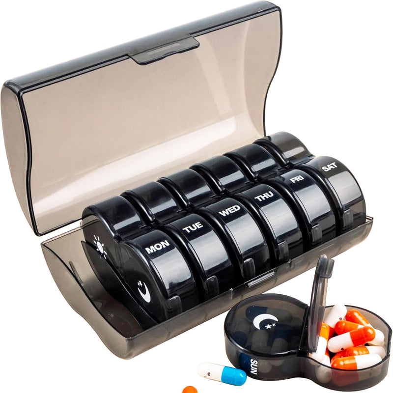 Weekly Pill Organizer 2 Time a Day，Pill Dispensers， Pill Box 7 Day with One-Side Large Opening Design for Easy Filling ，2 Times a Day AM/PM Pill Case, for Vitamins/Fish Oils (Black) Black+14