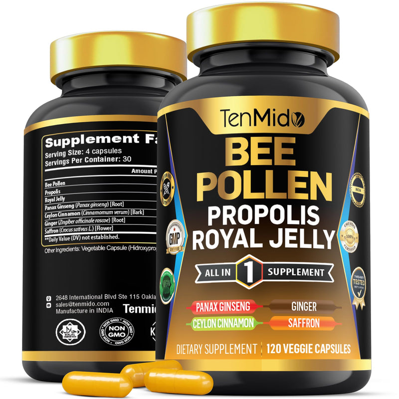[Australia] - Bee Pollen Capsules Supplement - 7in1 Formula - Combine with Propolis, Royal Jelly, Panax Ginseng, Ceylon Cinnamon, Ginger, and Saffron - Digestive Health, Immune Support - 120 Capsules 