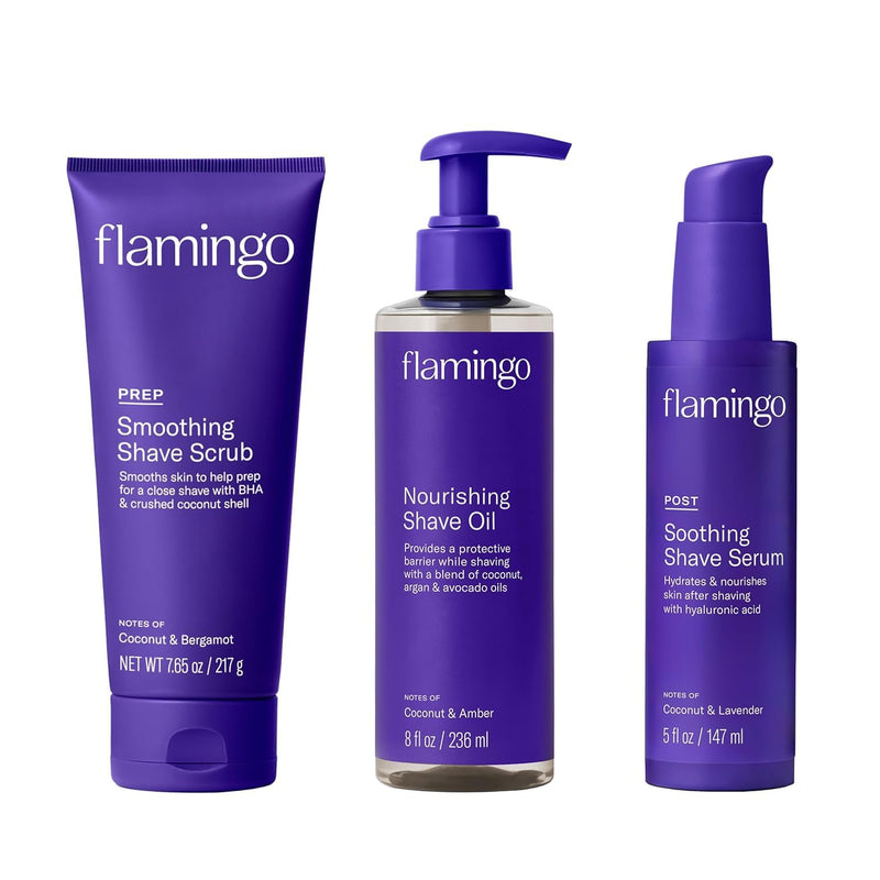 [Australia] - Flamingo 3-Step Shaving Set for Women - Smoothing Prep Scrub, Nourishing Shave Oil, and Soothing Post Shaving Serum - Glow Shave Collection Scrub, Shave Oil and Serum Kit 