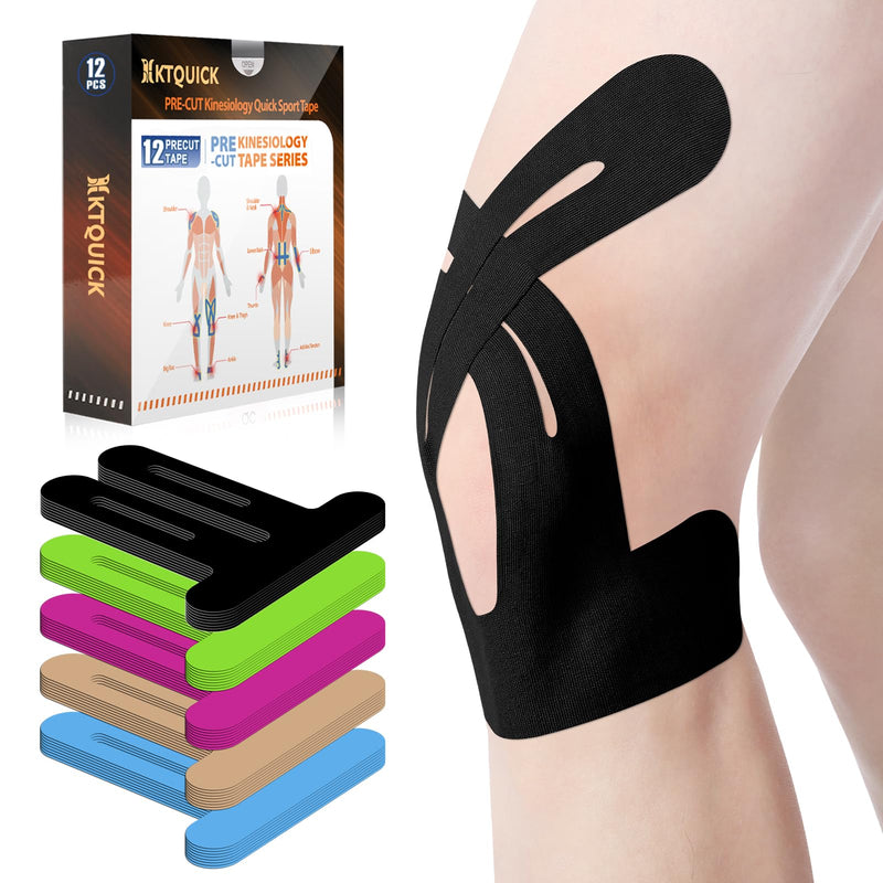 [Australia] - PreCut Kinesiology Tape for Knees, 12 PCS Waterproof KTQUICK Knee Tape for Knee Pain Relief Pre Cut, Original Cotton Athletic Knee Tape, Waterproof & Hypoallergenic Latex-Free for Sports (Black) 12PCS Black 