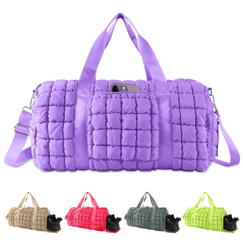 Quilted Travel Duffle Bag Gym Bag for Women,Large Puffer Duffle Weekender Bag with Compartment,Workout Overnight Carry on Organizer Bag Duffle Bag for Airplane Travel(Purple) Purple Medium