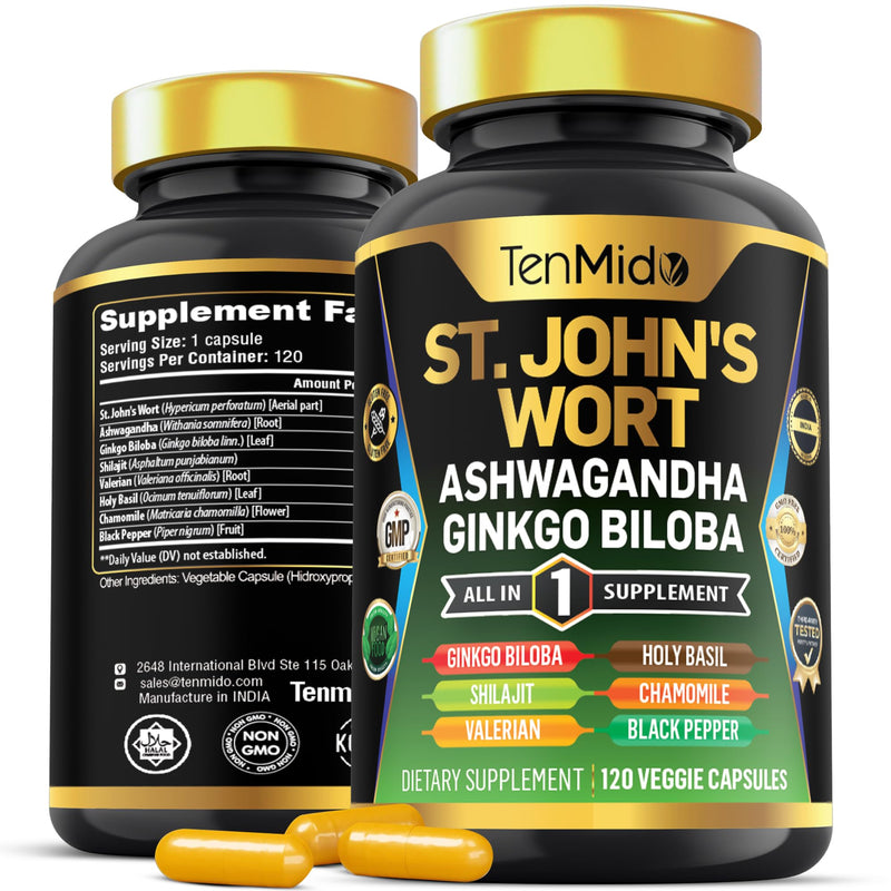 [Australia] - St.John's Wort Supplement - 8in1 Formula - Combine with Ashwagandha, Ginkgo Biloba, Shilajit, Valerian, Holy Basil, Chamomile, and Black Pepper - 120 Vegan Capsules for 4 Months Supply 
