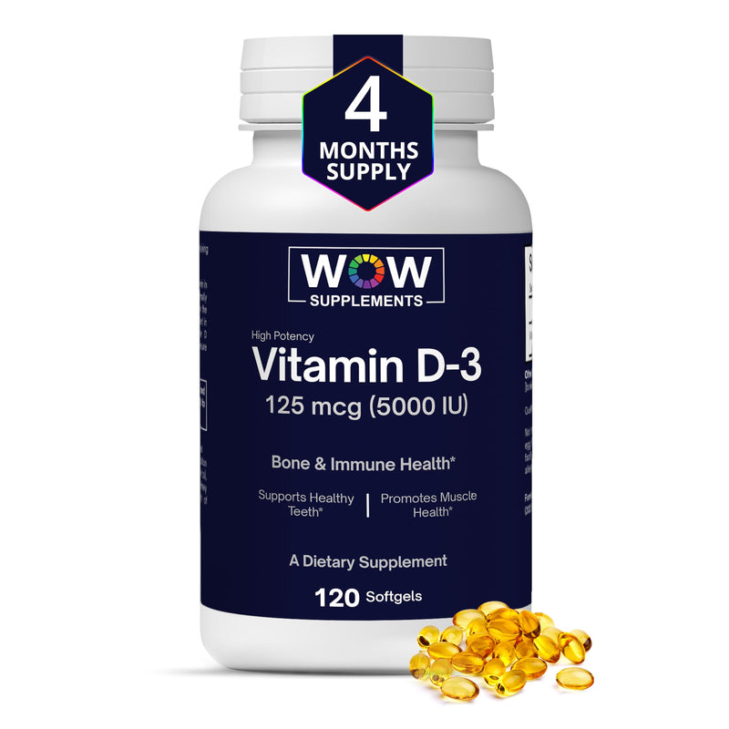 WOW Supplements Vitamin D3 5000 IU Softgels, 125 mcg - Vitamin D3 5000IU Supplement for Strong Bones and Immune Support - Non-GMO, Gluten Free Vitamin D 125 mcg - VIT D3 5000 IU Softgels - 120 Count