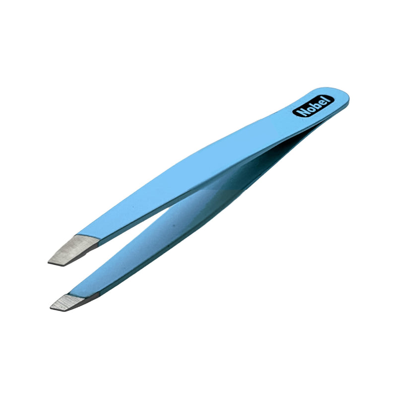 Professional Stainless Steel Tweezers - Slanted Edge Tweezer For Eyebrows, Ingrown Hair, & Splinters (Sky Blue) Sky Blue