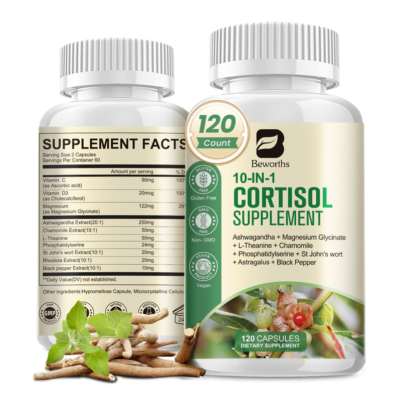 [Australia] - Cortisol Supplements for Women Men, 10-in-1 Cortisol Detox with Ashwagandha, Magnesium, L-Theanine, Balanced Cortisol Levels, Night & Calm Support, 120 Vegan Capsules 120 Count (Pack of 1) 