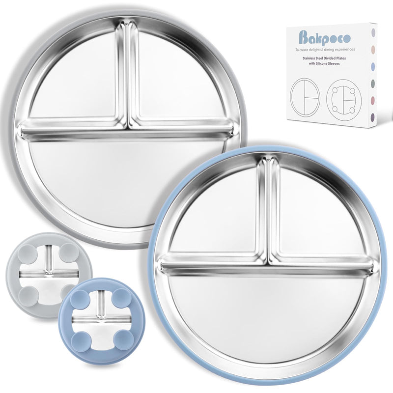 [Australia] - Stainless Steel Toddler Plate with Suction, 9‚Äù Divided Plates with Removable Silicone Sleeves for Kids, Non Toxic & BPA Free | Non Slip | Unbreakable Baby Snack Dishes Set of 2, Blue & Gray Suction- Blue & Gray 9" Round - 2 Packs 