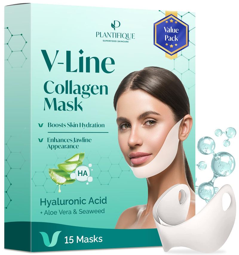 PLANTIFIQUE V-Line Collagen Mask for face 15 PCS | Chin Strap for Women & Men | V Line Lifting Mask with Collagen and Hyaluronic Acid V Shape Face Tape Chin | Skin Firming V-Line 15 Pack