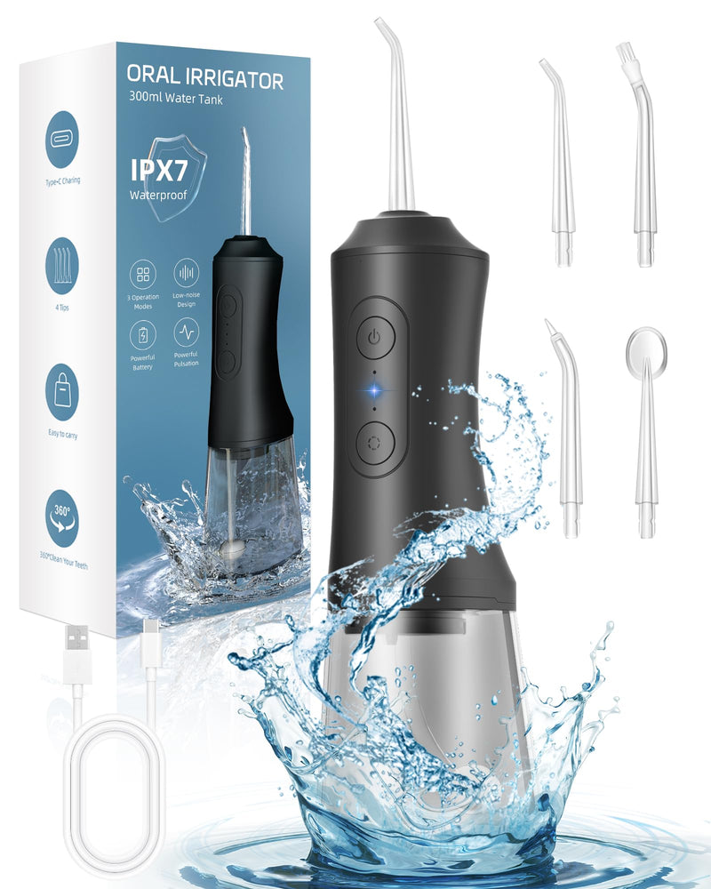 [Australia] - Water Flosser, Water Dental Flosser Pick for Teeth, 300ML IPX7 Waterproof Oral Irrigator, 3 Modes 4 Replaceable Jet Tips, Professional Flossing Cleaning Picks for Home Travel Gums, Braces Care (Black) Black 