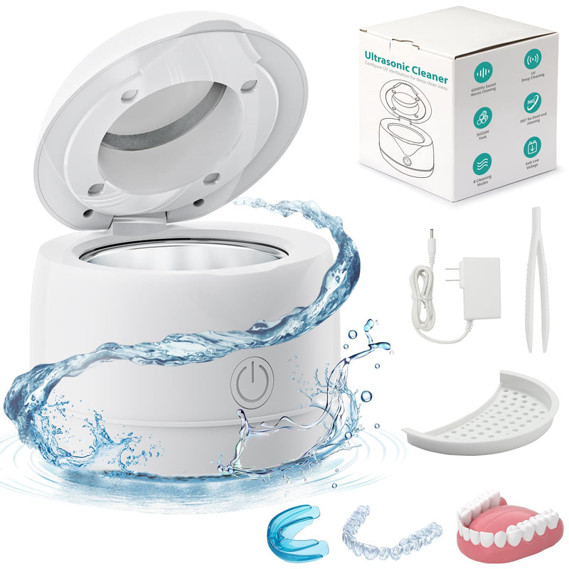 [Australia] - Retainer Cleaner Machine, 45kHz/25W Denture Cleaner, 2 Modes Mouth Guard Cleaner for Aligner, Night guard, Braces, and Jewelry Cleaner (White) White 