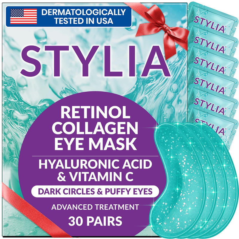 Stylia Under Eye Patches for Puffy Eyes and Dark Circles (30 Pairs) - Marine Collagen Under Eye Mask with Retinol, Vitamin C, Hyaluronic Acid, Pearl Extract - Eye Masks for Dark Circles and Puffiness Retinol 30 Pairs