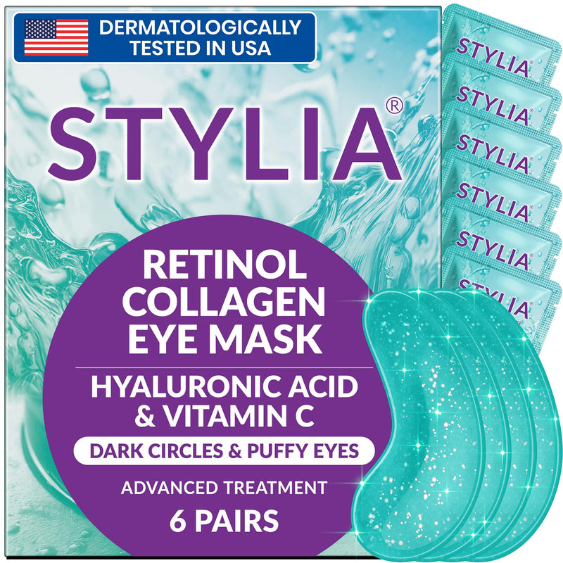 Stylia Under Eye Patches for Puffy Eyes and Dark Circles (6 Pairs) - Marine Collagen Under Eye Mask with Retinol, Vitamin C, Hyaluronic Acid, Pearl Extract - Eye Masks for Dark Circles and Puffiness Retinol 6 Pairs