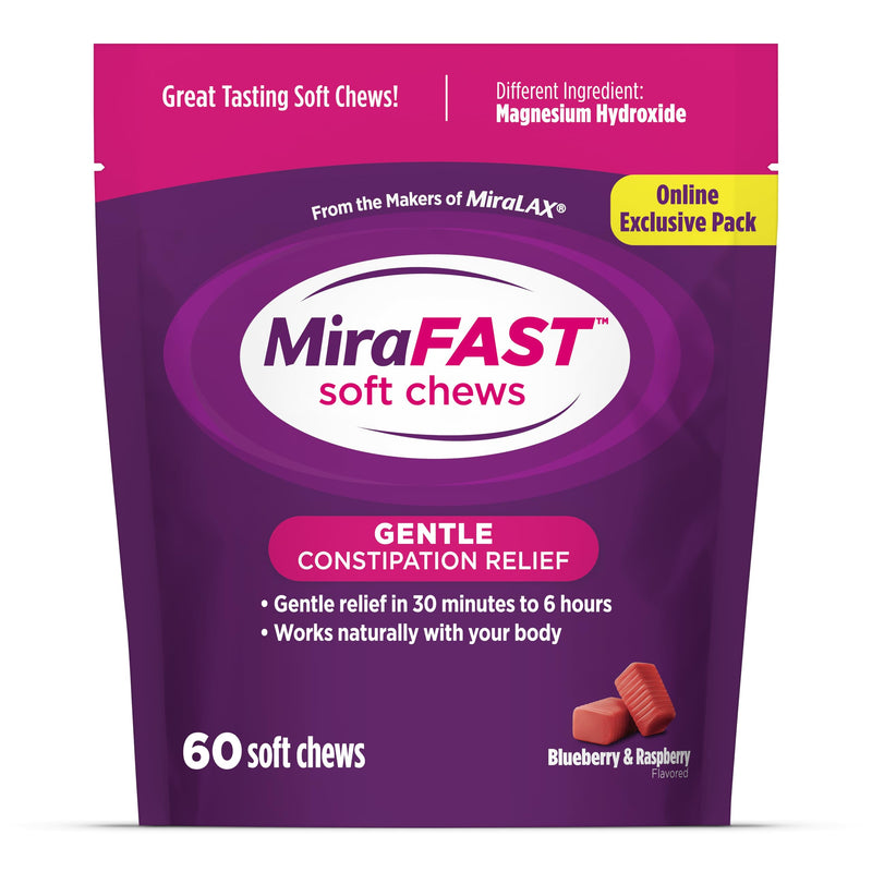 [Australia] - MiraFAST Soft Chews, from The Makers of MiraLAX, Gentle Constipation Relief, Fast Acting Laxative, Stimulant Free Saline Laxative, Magnesium Hydroxide, Blueberry & Raspberry Flavor, 60ct 