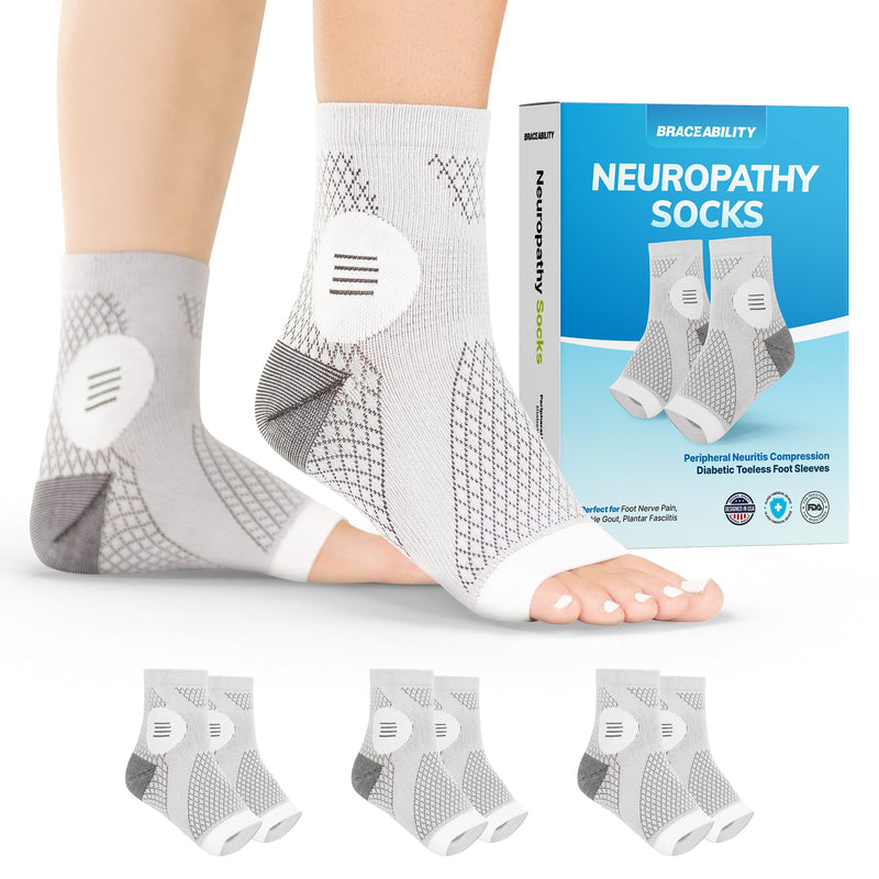 BraceAbility Neuropathy Socks (3 Pairs) - Multipack Peripheral Compression Diabetic Toeless Foot Sleeves for Nerve Damage in Feet, Ankle Gout, Plantar Fasciitis Relief for Men and Women (M - Gray) Medium Gray - Standard - 3 Pairs