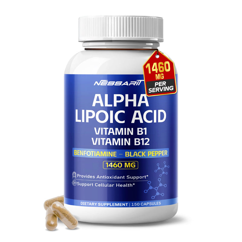 Alpha Lipoic Acid 1460 mg with 1200 mg ALA, Benfotiamine, Ubiquinol CoQ10, Vitamin B1, B12 & Black Pepper | Antioxidant & Cellular Wellness Support | 150 Capsules 150 Count (pack of 1)