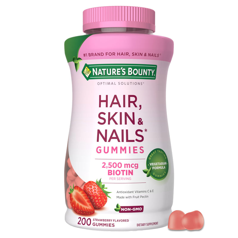 [Australia] - Nature's Bounty Optimal Solutions Hair, Skin and Nails Pectin Gummies, 2500 mcg Biotin Per Serving, No Stick Gummy, Vegetarian Formula, Strawberry Flavor, 200 count, 100 Total Servings 200 Count (Pack of 1) 