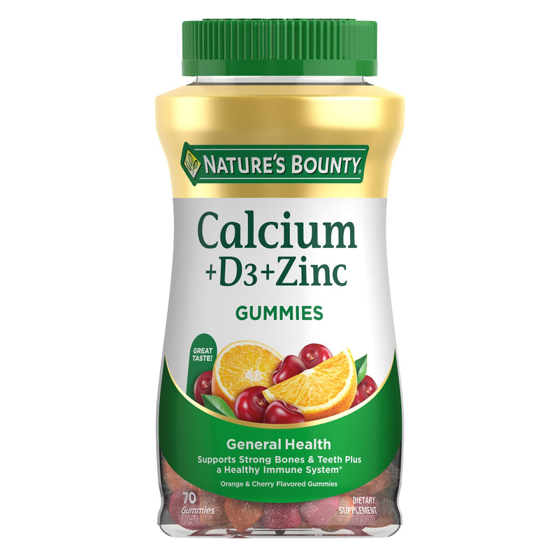 Nature's Bounty Calcium + D3 + Zinc Gummies, 500mg, 70ct | Orange & Cherry, Supports Strong Bones & Teeth, Healthy Immune System 70 Count (Pack of 1)