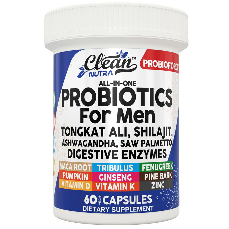 Clean Nutra Probiotics for Men | Tongkat Ali, Saw Palmetto, Tribulus, Ginseng, Ashwagandha, Maca, Pumpkin, Gingko Biloba, Pine Bark, Fenugreek, Shilajit, Zinc - Mens Probiotic 60 Capsules 1
