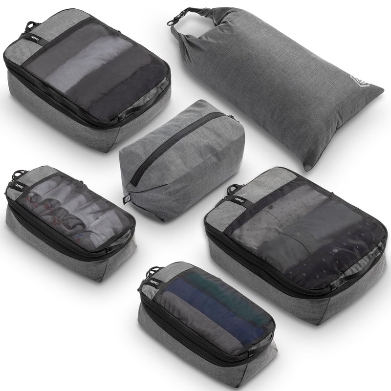 TRIPPED Travel Gear Space Saving Compression Packing Cubes 6-Piece Set | Premium Travel Organizers with Laundry and Shoe Bags for Suitcase and Carry-On Luggage, Reinforced Zippers and Mesh Panels Grey Mesh - 6 Piece