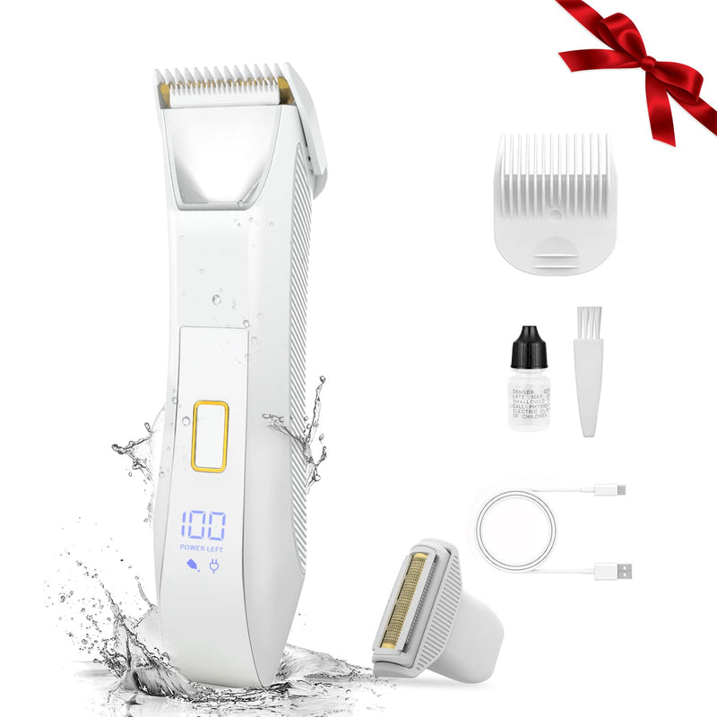 [Australia] - 2-in-1 Electric Bikini Trimmer for Women, Dual Head Shaver for Body & Pubic Hair, Painless Smooth, No-Nick Shaving, IPX7 Waterproof, Lightweight with Travel Lock, LED Display White 
