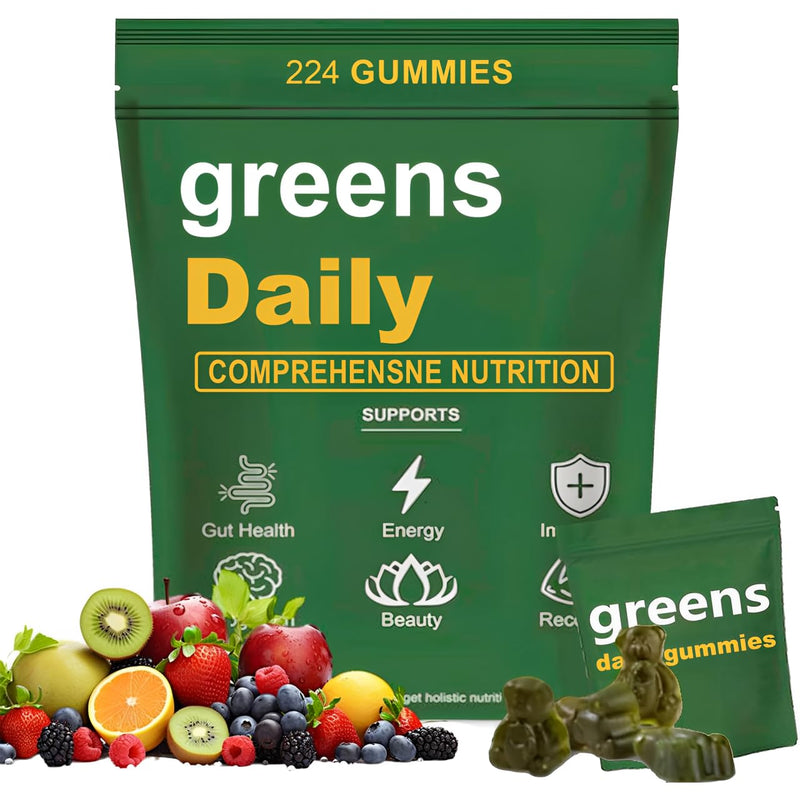 [Australia] - Greens Gummies - Organic Chlorella and Spirulina, Digestive & Gut Health, Formulated with 60+ Ingredients, Multi-Vitamins & Minerals, Daily Gummies, 224 Gummies Bear 