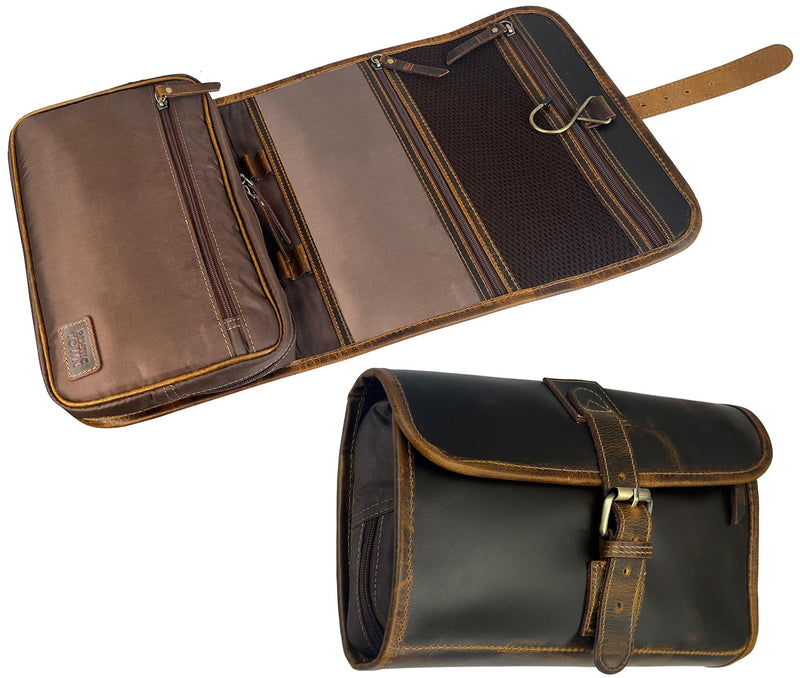 Leather Hanging Toiletry Bag for Men, Travel Shaving Dopp Kit Organizer | Full Grain Leather, Brass Hook, YKK Zippers, 11 x 7 inch Fits in Any Carry-On, Water-Resistant Lining; Cosmetic & Makeup Kit Brown