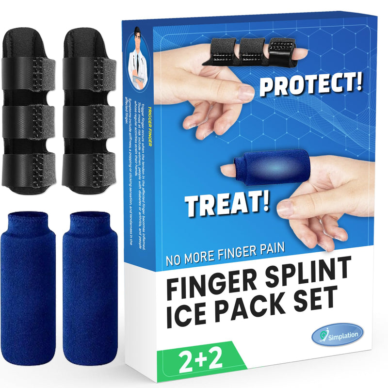 [Australia] - Simplation Trigger Finger Splint and Ice Pack (2+2 Set) for Pain Relief, Knuckle Immobilization, Straightening Arthritis, Injured Mallet Finger, Fits Index, Middle, Thumb, Ring Finger 